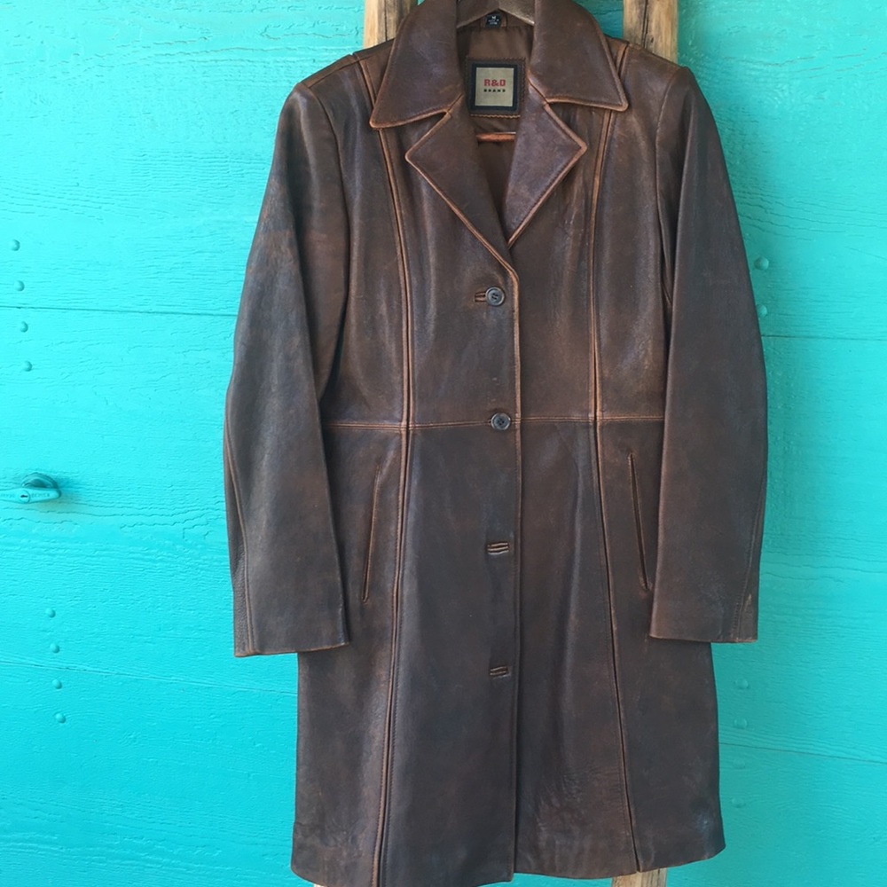 R&O DISTRESSED BROWN LEATHER TRENCH COAT